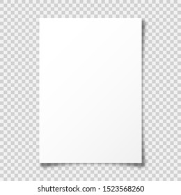 Realistic blank paper sheet with shadow in A4 format on transparent background. Notebook or book page with curled corner. Vector illustration.