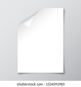 Realistic blank paper sheet with shadow in A4 format. Notebook or book page with curled corner. Vector illustration.
