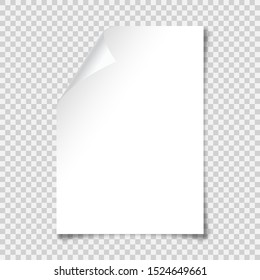 Hoja de papel en blanco realista con sombra en formato A4 sobre fondo transparente. Portátil o página de libro con esquina curva. Ilustración vectorial.