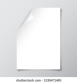 Realistic blank paper sheet with shadow in A4 format. Notebook or book page with curled corner. Vector illustration.