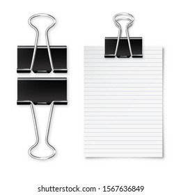 Realistic blank paper sheet with shadow in A4 format and black paper clip, binder isolated on white background. Design template or mockup. Vector illustration.
