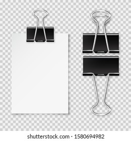 Realistic blank paper sheet with shadow in A4 format and black paper clip, binder isolated on checkered background. Design template or mockup. Vector illustration.