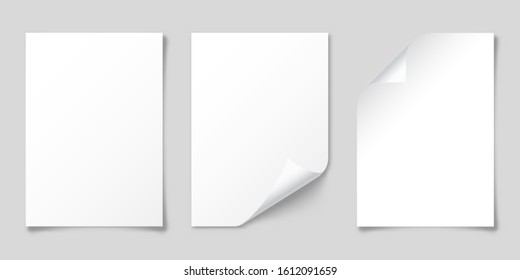 Realistic blank paper sheet with shadow in A4 format isolated on gray background. Notebook or book page. Design template or mockup. Vector illustration.