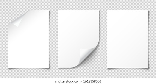 Realistic blank paper sheet with shadow in A4 format isolated on checkered transparent background. Notebook or book page. Design template or mockup. Vector illustration.