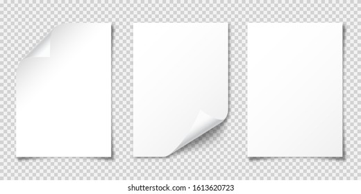 Realistic blank paper sheet with shadow in A4 format isolated on checkered transparent background. Notebook or book page. Design template or mockup. Vector illustration.