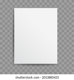 Realistic blank paper sheet with shadow in A4 format isolated on transparent checkered background. Notebook or book page. Design template or mockup. Vector illustration.