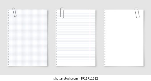 Realistic blank paper sheets in A4 format with metal clip, holder on gray background. Notebook page, document. Design template or mockup. Vector illustration.