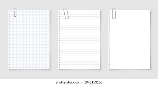 Realistic blank paper sheets in A4 format with metal clip, holder on gray background. Notebook page, document. Design template or mockup. Vector illustration.