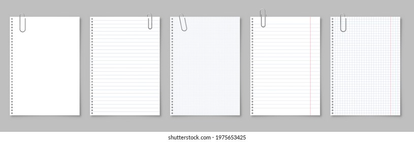 Realistic blank paper sheets in A4 format with metal clip, holder on gray background. Notebook page, document. Design template or mockup. Vector illustration.