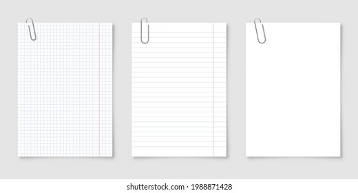 Realistische leere Papierblätter im A4-Format mit Metallclip, Inhaber auf grauem Hintergrund. Notebook-Seite, Dokument. Entwerfen Sie eine Vorlage oder ein Muster. Vektorgrafik.