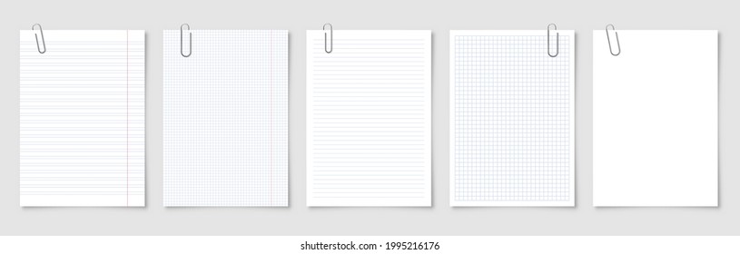 Realistic blank paper sheets in A4 format with metal clip, holder on gray background. Notebook page, document. Design template or mockup. Vector illustration.