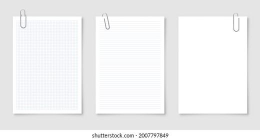 Realistic blank paper sheets in A4 format with metal clip, holder on gray background. Notebook page, document. Design template or mockup. Vector illustration.