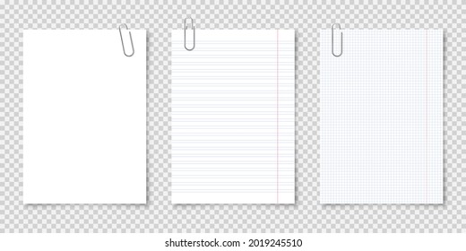 Realistic blank paper sheets in A4 format with metal clip, holder on transparent background. Notebook page, document. Design template or mockup. Vector illustration.
