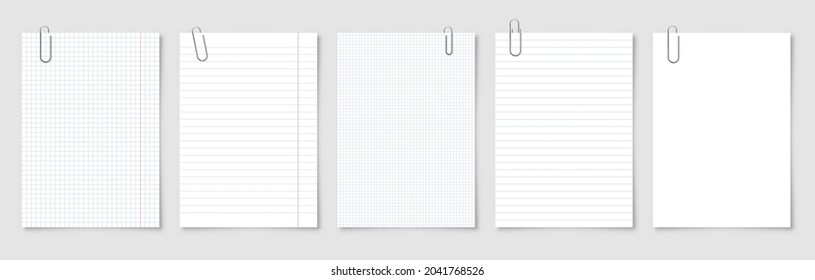 Hojas de papel en blanco realistas en formato A4 con clip metálico, soporte en fondo gris. Portátil, documento. Plantilla de diseño o simulación. Ilustración vectorial.