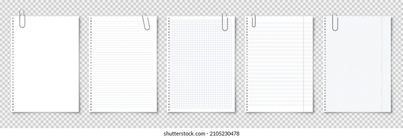 Realistic blank paper sheets in A4 format with metal clip, holder on transparent background. Notebook page, document. Design template or mockup. Vector illustration.