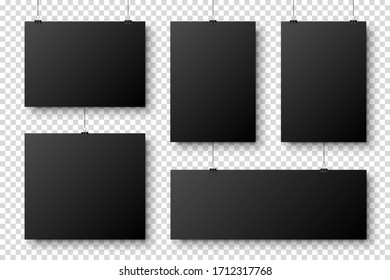 Realistic blank paper sheets hanging on binder clip. Black poster with shadow in A4 format. Design template, mockup. Vector illustration.