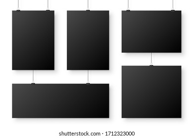 Realistic blank paper sheets hanging on binder clip. Black poster with shadow in A4 format. Design template, mockup. Vector illustration.