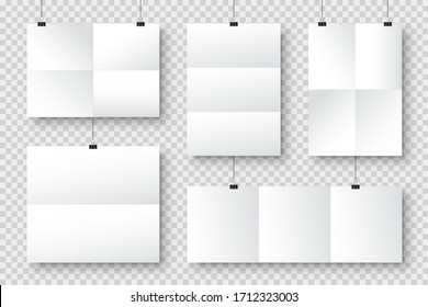 Realistic blank paper sheets hanging on binder clip. White poster with shadow in A4 format. Design template, mockup. Vector illustration.