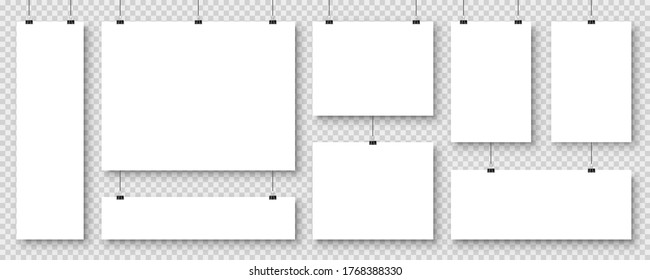Hojas de papel en blanco realistas colgando del clip del encuadernador. Cartel vector blanco con sombra en formato A4. Plantilla de diseño, burla.