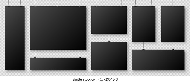 Hojas de papel en blanco realistas colgando del clip del encuadernador. Afiche vectorial negro con sombra en formato A4. Plantilla de diseño, burla.