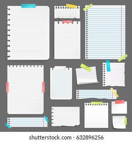 Realistic blank paper sheets on different size and shape stuck with colorful tape on grey background isolated vector illustration