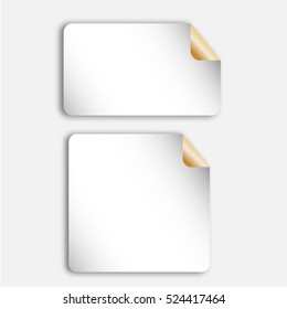 Realistic blank paper sheets, pieces, stickers note with curved golden corner. Vector mock up, banner template