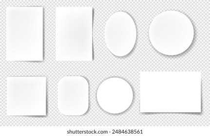 Realistic blank paper sheets with shadows. Round and square sheet. Notebook or book page. Design template or mockup. 