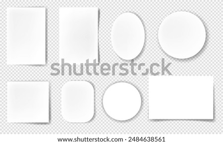 Realistic blank paper sheets with shadows. Round and square sheet. Notebook or book page. Design template or mockup. 