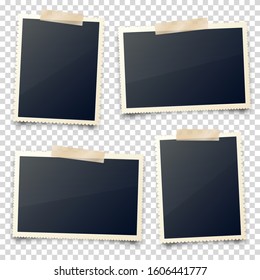 Realistic blank photo card frame, film set. Retro vintage photograph with adhesive tape and shadow. Digital snapshot image. Photography art. Template or mockup for design. Vector illustration.