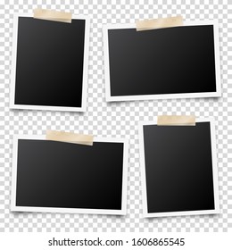 Realistic blank photo card frame, film set. Retro vintage photograph with adhesive tape and shadow. Digital snapshot image. Photography art. Template or mockup for design. Vector illustration.