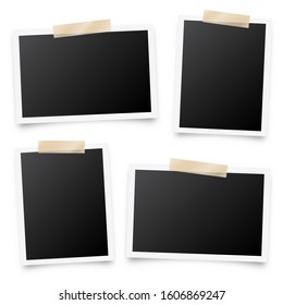 Realistic blank photo card frame, film set. Retro vintage photograph with adhesive tape and shadow. Digital snapshot image. Photography art. Template or mockup for design. Vector illustration.