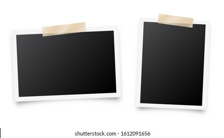 Realistic Blank Photo Card Frame, Film Set. Retro Vintage Photograph With Adhesive Tape. Digital Snapshot Image. Template Or Mockup For Design. Vector Illustration.