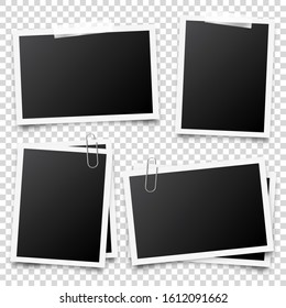 Realistic blank photo card frame, film set. Retro vintage photograph with transparent adhesive tape and paper clip. Digital snapshot image. Template or mockup for design. Vector illustration.