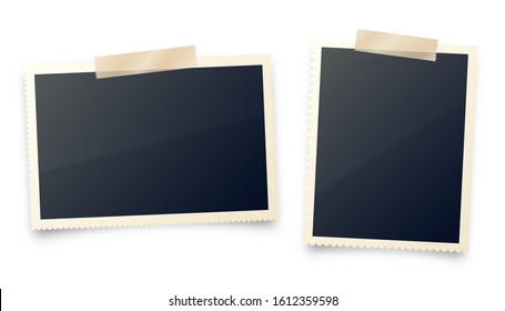 Realistic Blank Photo Card Frame, Film Set. Retro Vintage Photograph With Adhesive Tape. Digital Snapshot Image. Template Or Mockup For Design. Vector Illustration.