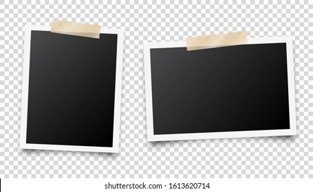 Realistic blank photo card frame, film set. Retro vintage photograph with adhesive tape. Digital snapshot image. Template or mockup for design. Vector illustration.