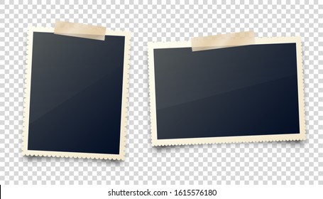 Realistic blank photo card frame, film set. Retro vintage photograph with adhesive tape. Digital snapshot image. Template or mockup for design. Vector illustration.
