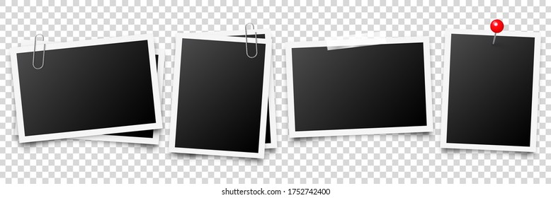 Realistic blank photo card frame, film set. Retro vintage photograph with adhesive tape. Digital snapshot image. Template or mockup for design. Vector illustration.