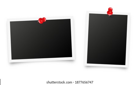 Realistic blank photo card frame, film set. Retro vintage photograph with red push pins. Digital snapshot image. Template or mockup for design. Vector illustration.