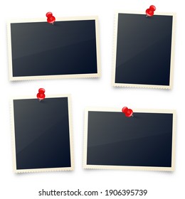 Realistic Blank Photo Card Frame, Film Set. Retro Vintage Photograph With Red Push Pins. Digital Snapshot Image. Template Or Mockup For Design. Vector Illustration.