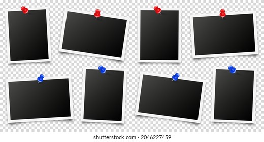 Realistic blank photo card frame, film set. Retro vintage photograph with red and blue push pins. Digital snapshot image. Template or mockup for design. Vector illustration.