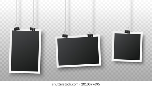 Realistic blank photo frame hanging on a clip isolated on transparent background. Vertical, horizontal, square photo frames. Black empty vintage photo frames set. Vector illustration