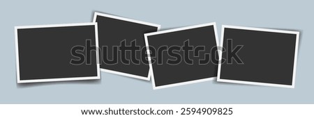 Realistic blank photo frames collage with shadows on light blue background. Perfect for photo mockups, memory albums, scrapbooking, social media templates