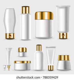 Realistic blank plastic packages collection with golden lids for cosmetic and skin treatment products isolated vector illustration