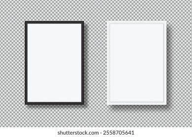 Realistic blank plastic or wood frame photo mockup. Empty vertical picture frame template isolated on transparent background. Vector mockup for picture, painting, poster, photographs or art gallery
