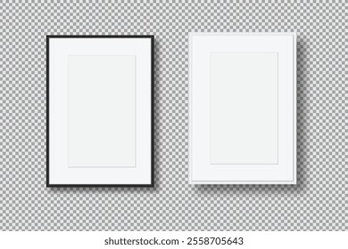 Realistic blank plastic or wood frame photo mockup. Empty vertical picture frame template isolated on transparent background. Vector mockup for picture, painting, poster, photographs or art gallery
