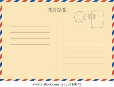 Realistic blank postcard template with place for stamp. Beige paper postcard with red and blue border. Vector EPS 10