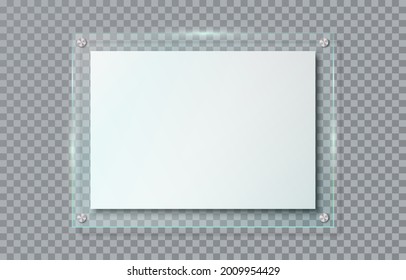 Realistic blank poster in glass frame hanging on wall isolated on transparent background. Clear horizontal acrylic name plate with mounting brackets. Banner plexiglass holder. 3d vector illustration svg