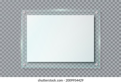 Realistic blank poster in glass frame hanging on wall isolated on transparent background. Clear horizontal acrylic name plate with mounting brackets. Banner plexiglass holder. 3d vector illustration