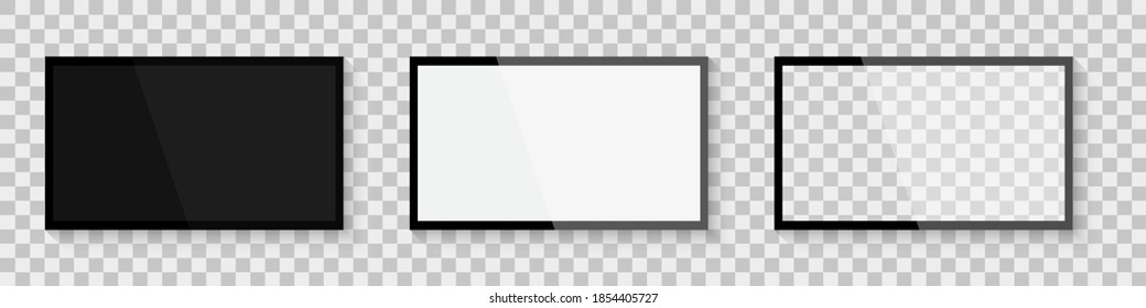 Pantalla en blanco realista. Colección de plantillas de pantalla. Plantillas de pantalla diferentes. Monitor de pantalla. Tv, lcd en blanco moderno, led. Ilustración realista moderna sobre un telón de fondo transparente. EPS 10