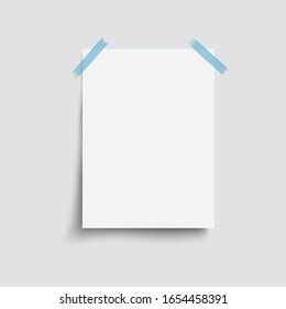 Realistic blank sheet of paper with blue adhesive tape and shadow on transparent background.